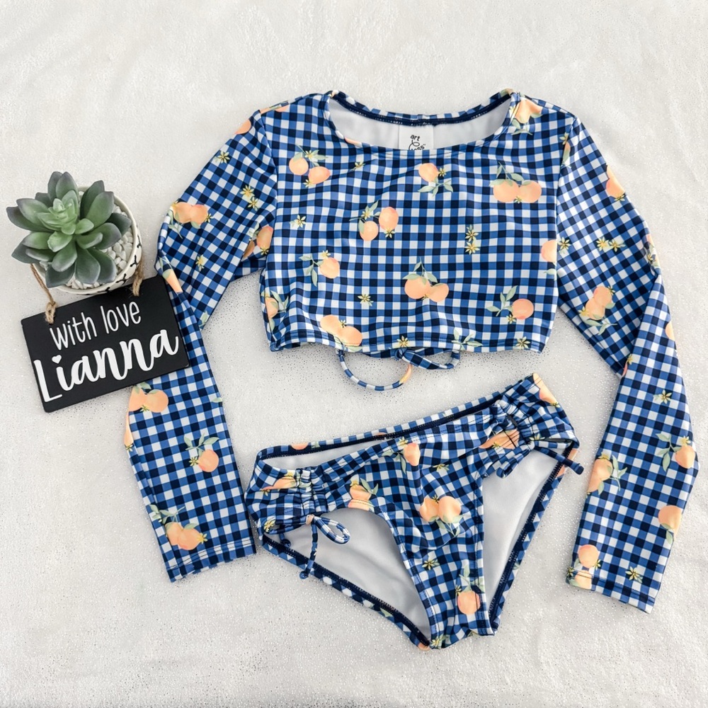 ART CLASS Blue Gingham Peach Girls Long Sleeve Two Piece Swim Suit
